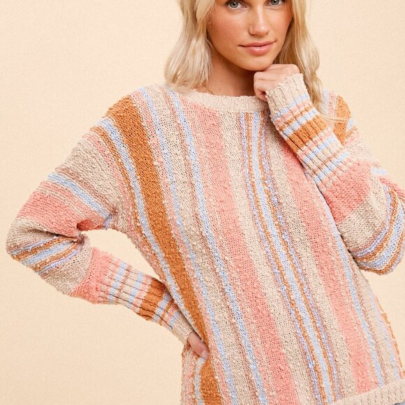 HEM & THREAD Multicolor Striped Knit Sweater Long Sleeve Soft Boho Casual - Picture 4 of 7